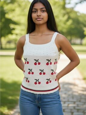 Liticole Cherry Print Knit Tank Top Womens Large Crop Sweater Cami Y2K
